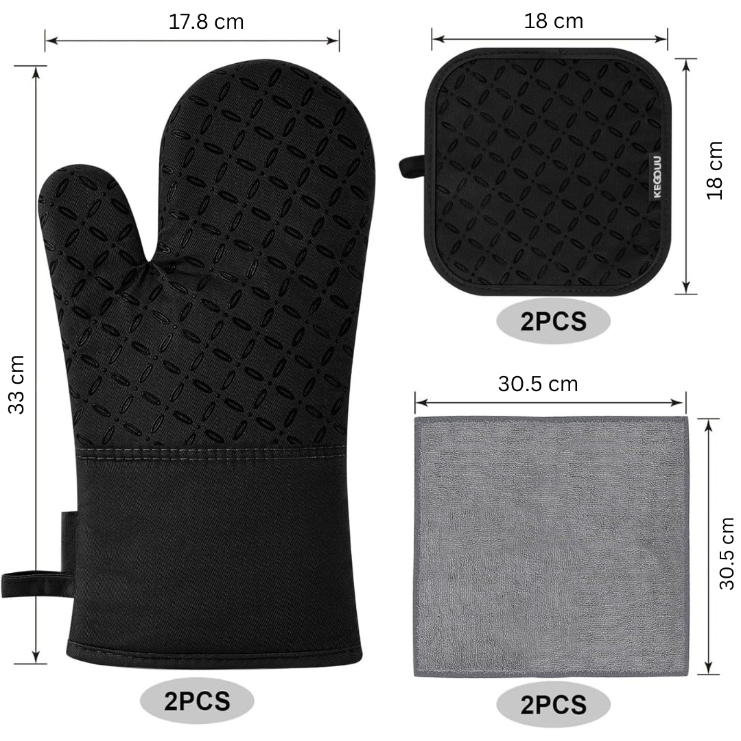 Schwarzer Ofenhandschuh, Topflappen und graues Mikrofasertuch Set, hitzebeständig, 2er-Set.