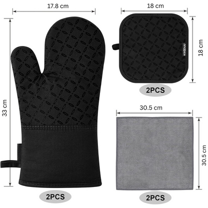 Schwarzer Ofenhandschuh, Topflappen und graues Mikrofasertuch Set, hitzebeständig, 2er-Set.