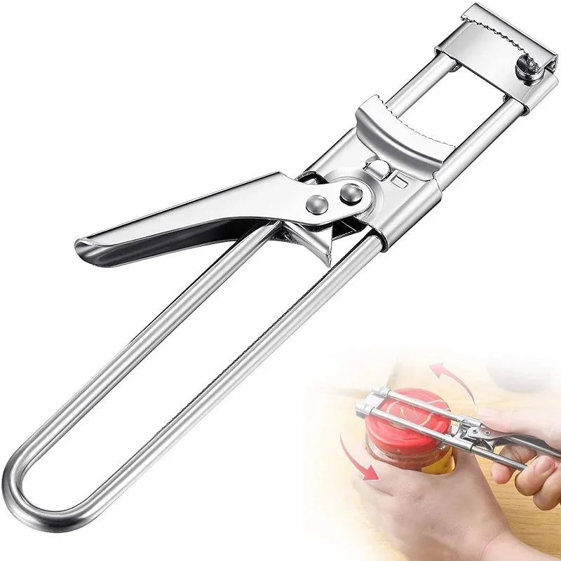 Verstellbarer Edelstahl Flaschenöffner, multifunktional, silber, ergonomisch, langlebig.