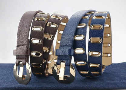Verstellbarer Grunge-Punk-Gürtel, Leder, braun und blau, mit goldenen Schnallen.