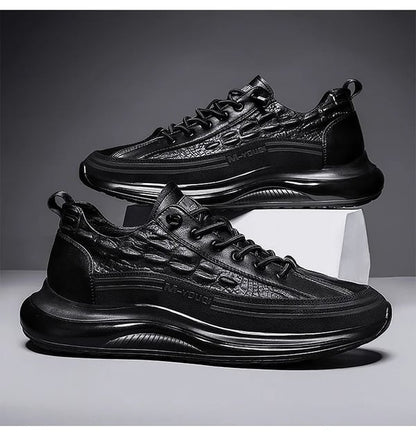 Schwarze Air-Cushion-Sneaker, Lederoptik, sportlich, modisch, Herren, rutschfest.