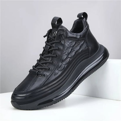 Schwarze Air-Cushion-Sneaker, Lederoptik, rutschfeste Sohle, modische Herrenschuhe.
