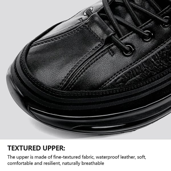 Schwarze Air-Cushion-Sneaker, wasserfestes Leder, atmungsaktiv, bequeme Sportschuhe.