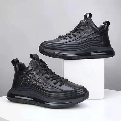 Schwarze Air-Cushion-Sneaker, Lederoptik, rutschfeste Sohle, modische Herrenschuhe.