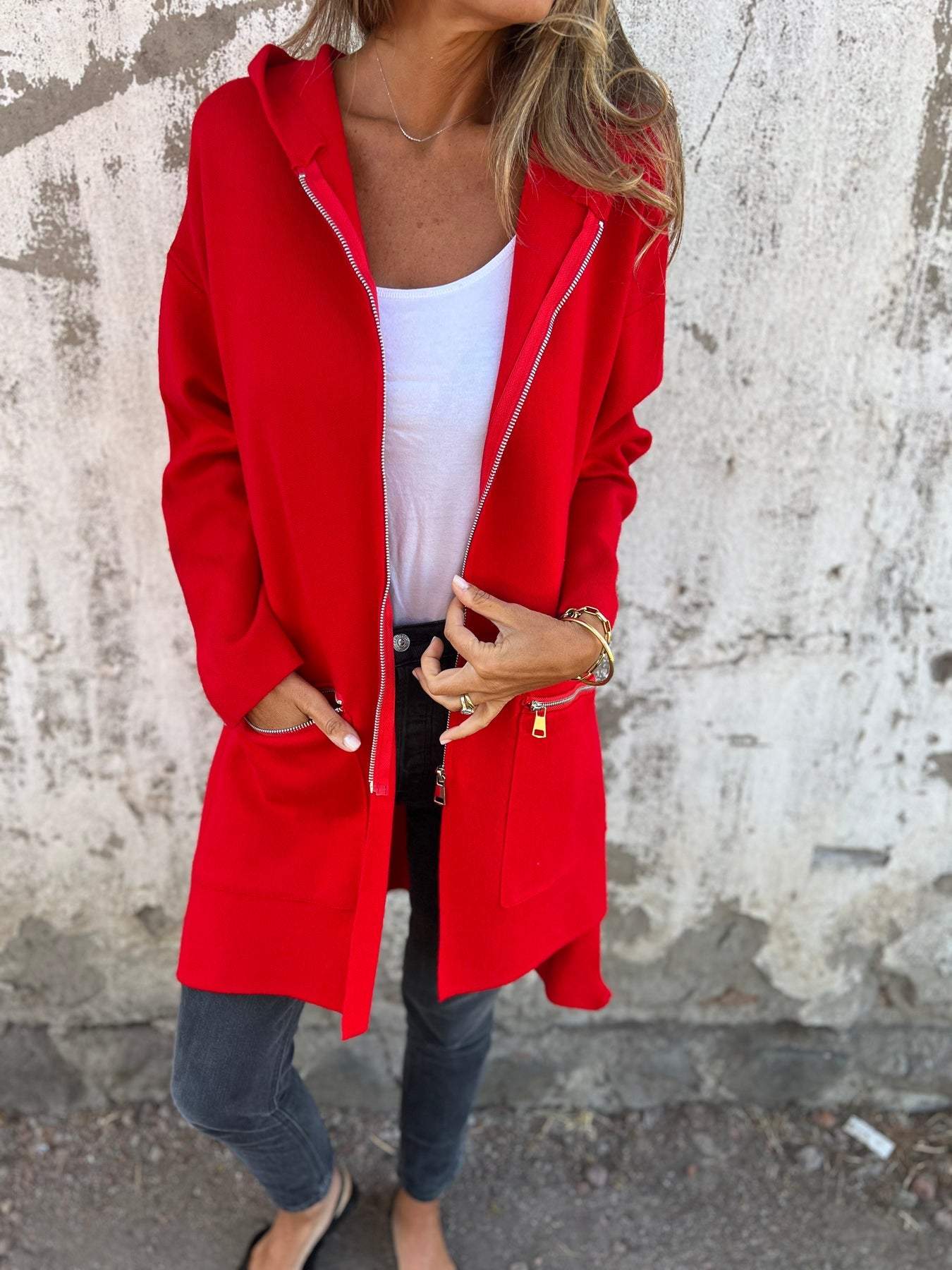 Rote Kapuzenjacke mit Reißverschluss, Damenmode, lässig, lang, Baumwolle, Herbstkleidung.