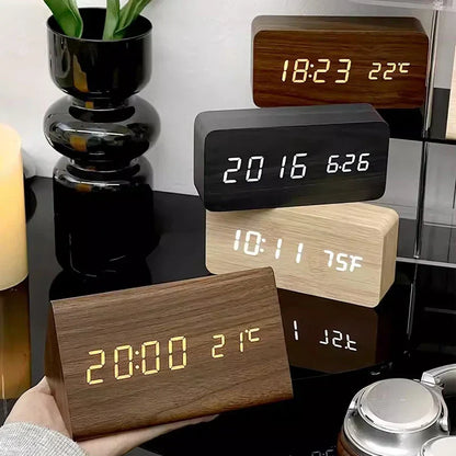Holz-Wecker mit LED-Anzeige, Temperaturanzeige, ideal für Schlafzimmer, Nachttisch, modernes Design.