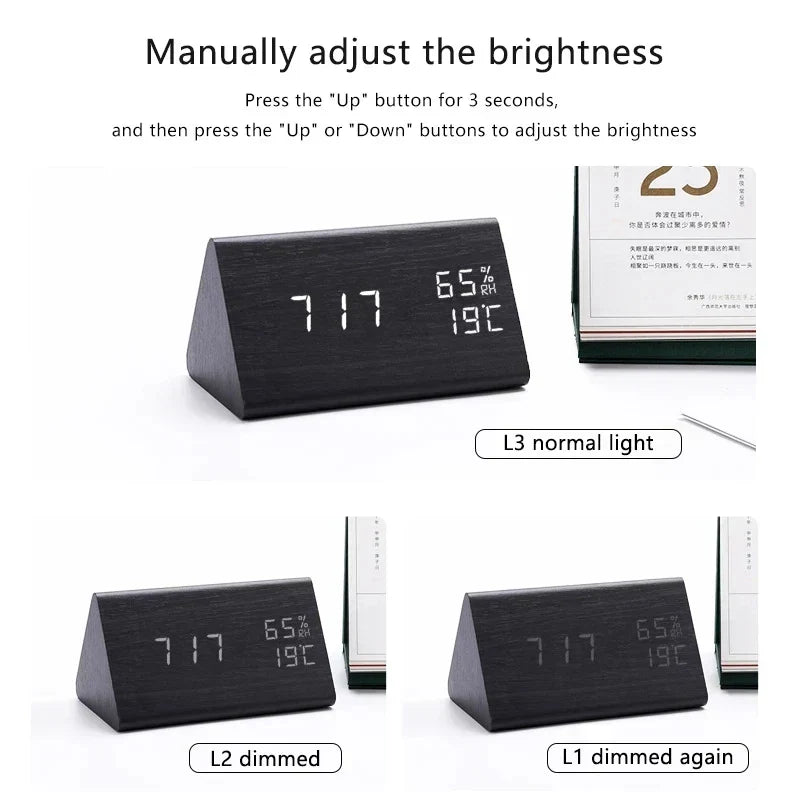 Holz-Wecker mit LED-Anzeige, Temperaturanzeige, ideal für Schlafzimmer, Nachttisch.