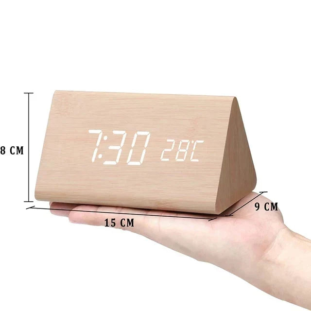Holz-Wecker mit LED-Anzeige, Temperaturanzeige, ideal für Schlafzimmer, 15x9x8 cm.