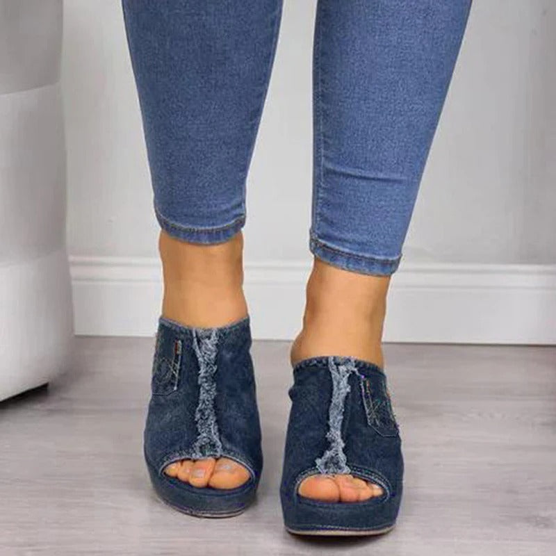 Damsandaler i denim med kilklack - Elisabetta