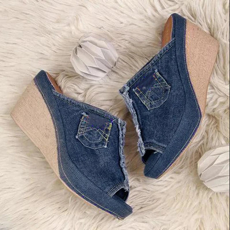 Damsandaler i denim med kilklack - Elisabetta