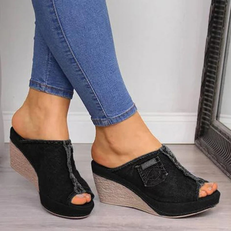 Damsandaler i denim med kilklack - Elisabetta