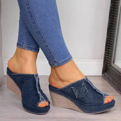 Damsandaler i denim med kilklack - Elisabetta