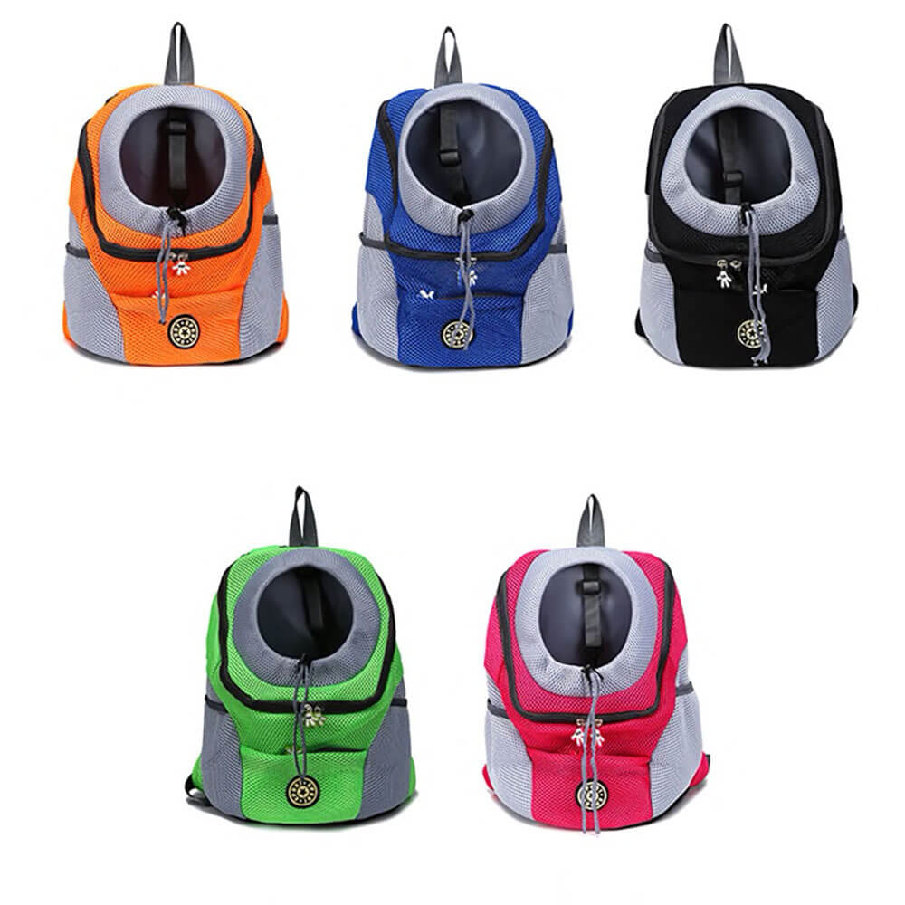 Fünf bunte Haustier-Rucksäcke: orange, blau, schwarz, grün, pink, atmungsaktiv, tragbar.