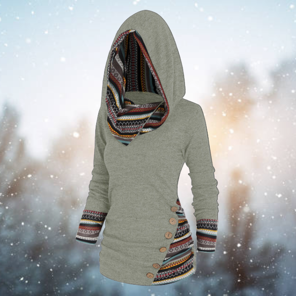 Höstmönstrad Tribal Hoodie med geometriskt mönster – Naïma