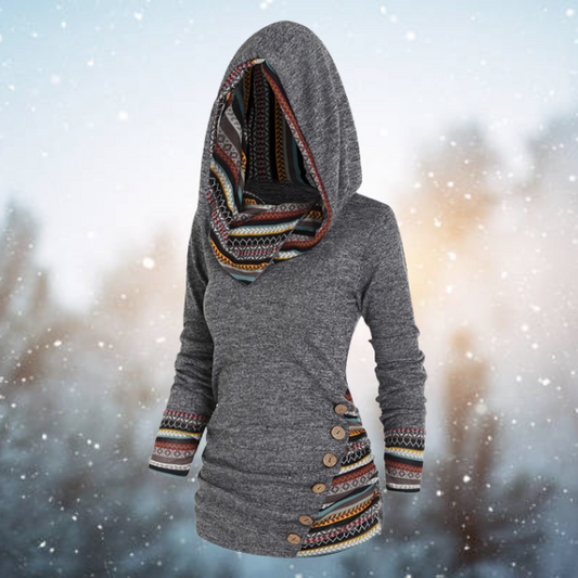Höstmönstrad Tribal Hoodie med geometriskt mönster – Naïma