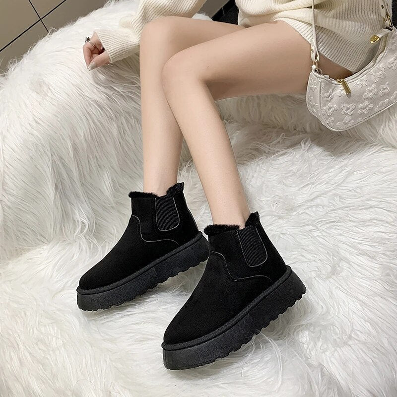 Schwarze Damen-Stiefeletten, warm gefüttert, rutschfeste Sohle, modisch, bequem, Winterstiefel.