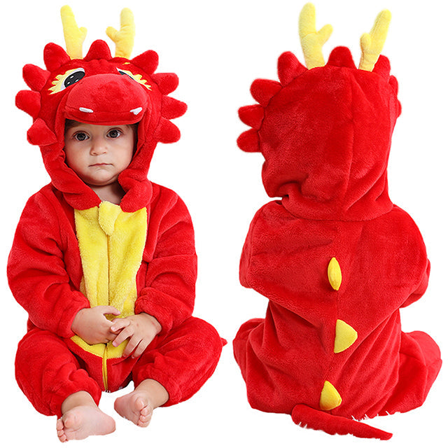 Baby-Kostüm roter Drache, Plüsch, Kapuze, gelbe Details, Karneval, Halloween, Verkleidung.