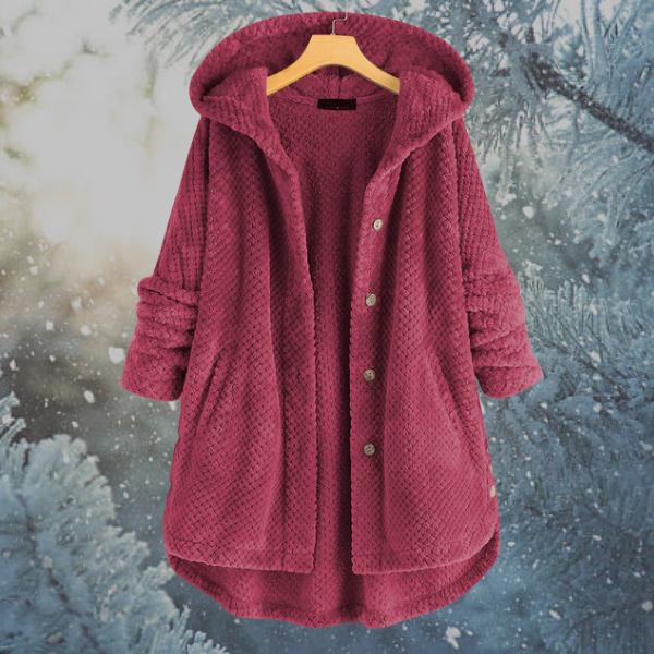Roter Damenmantel mit Kapuze, Strickmuster, Wintermode, warm, gemütlich, stilvoll.