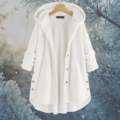Weiße Damen-Fleecejacke mit Kapuze, Knöpfen, Wintermode, warm, gemütlich, stilvoll.