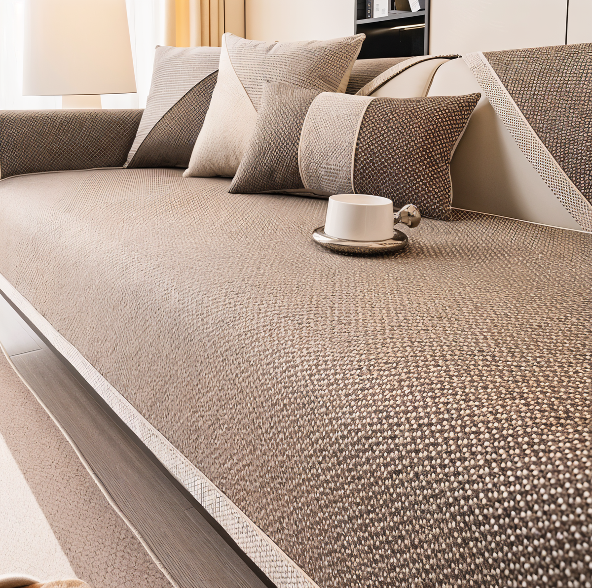 Soffa med brunt överdrag i vävd struktur med ljusa prickar, kuddar i brunt och beige samt en kopp. 10