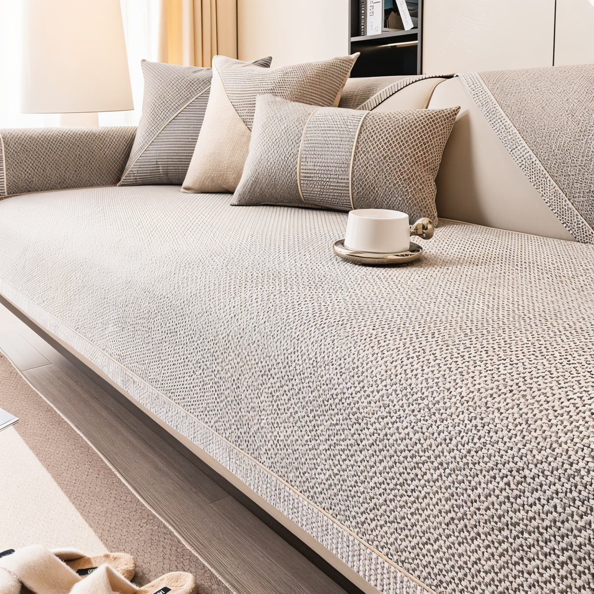 Närbild på soffans sittyta täckt med grå-beige vävt överdrag, med snygga kanter och kuddar i bakgrunden. 5
