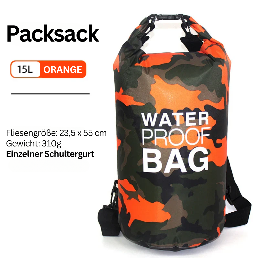 Wasserdichter Packsack 15L, orange Camouflage, 23,5x55cm, 310g, mit Schultergurt.