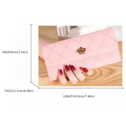 Rosa Damen-Geldbörse mit Argyle-Muster, Trifold-Design, Kunstleder, 19x9 cm.