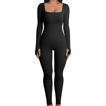 Schwarzer langärmeliger Jumpsuit für Damen, figurbetont, Shapewear, elegant, modisch.