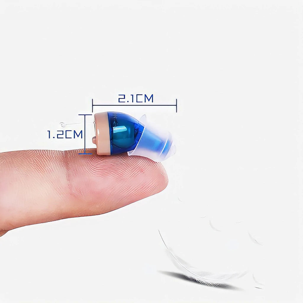 Mini-Hörgerät blau, kompakt, auf Finger, 2.1x1.2cm, diskret, tragbar, Hörverstärker.