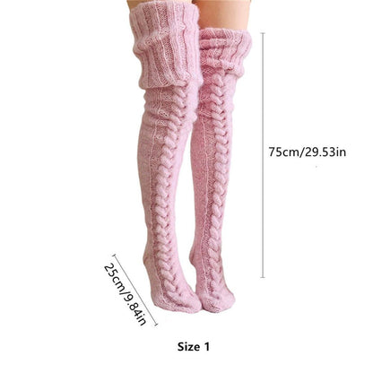 Rosa hohe gestrickte Wollsocken, Zopfmuster, Damenmode, 75 cm lang, Größe 1.