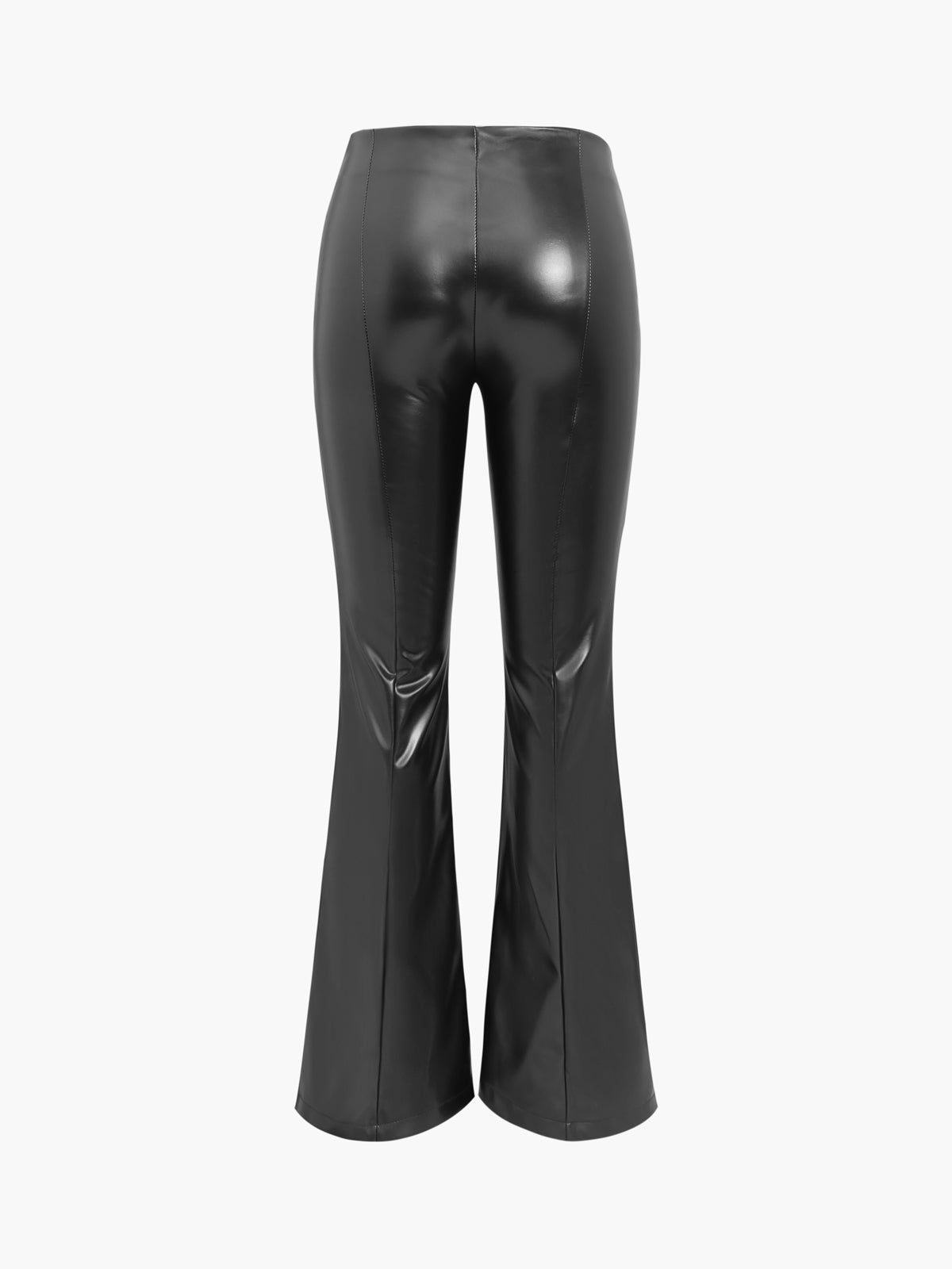 Schwarze Lederhose Damen, ausgestellter Schnitt, modisch, elegant, Rückansicht.