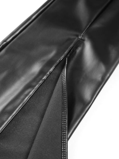Schwarze Lederhose Detailansicht, glattes Material, modisch, hochwertig, stilvoll, elegant.