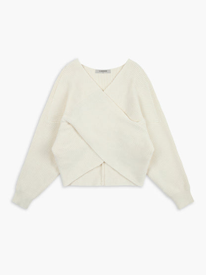 Weißer Strickpullover Damen, V-Ausschnitt, überkreuztes Design, modisch, bequem, Herbstmode