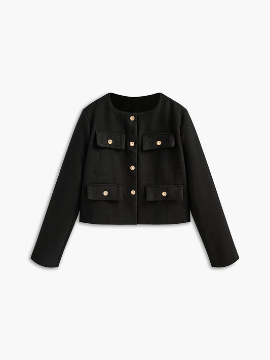 Schwarze Damenjacke mit goldenen Knöpfen, elegantes Design, vier Taschen, Herbstmode.