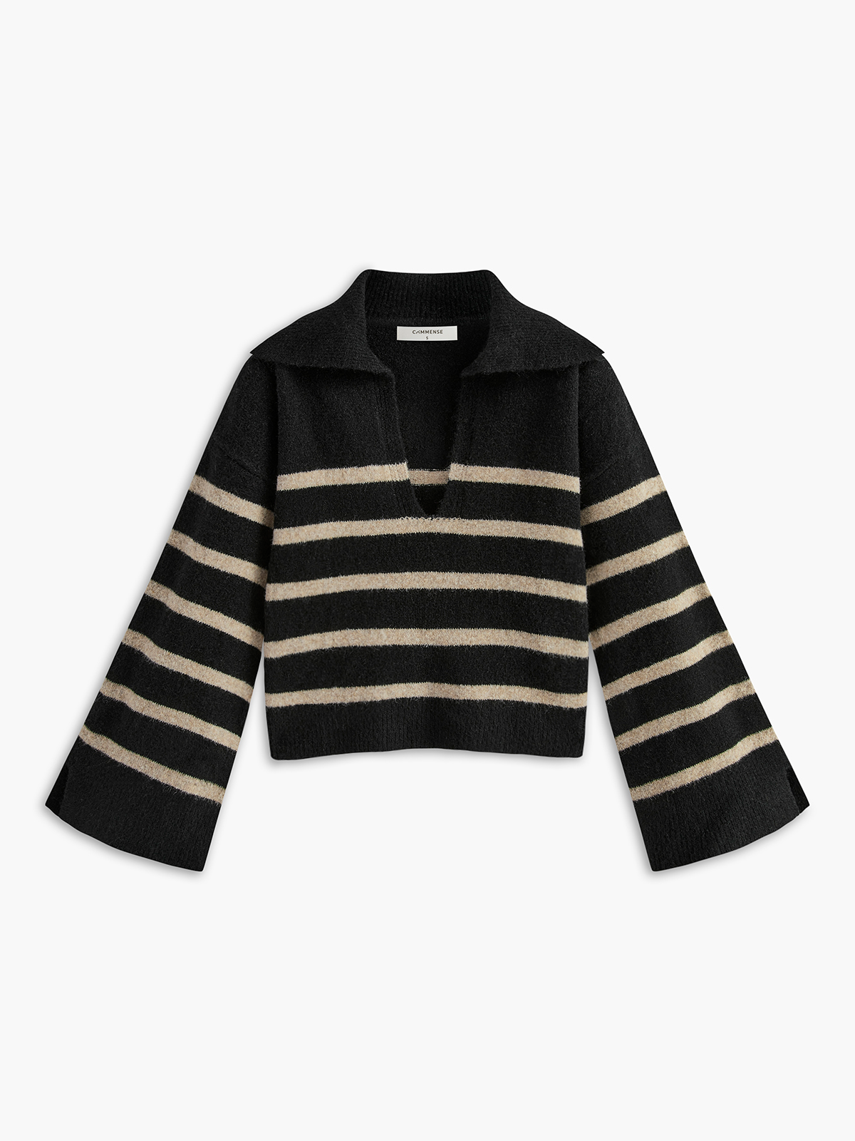 Schwarzer gestreifter Pullover, V-Ausschnitt, lange Ärmel, Damenmode, Strick, elegant.