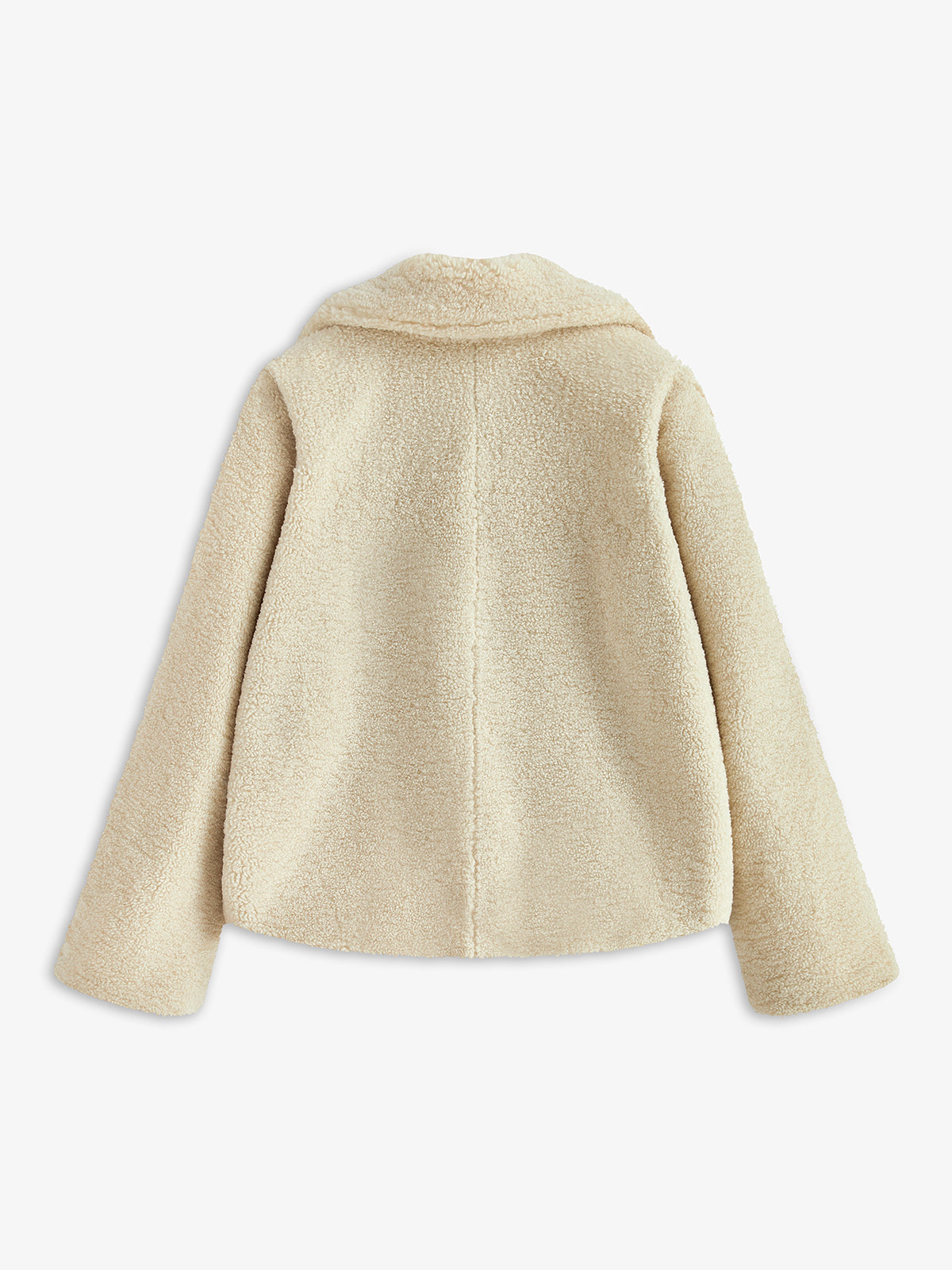 Beige Damen Teddyjacke, flauschig, warm, Wintermode, Rückansicht, modisch, gemütlich, elegant.