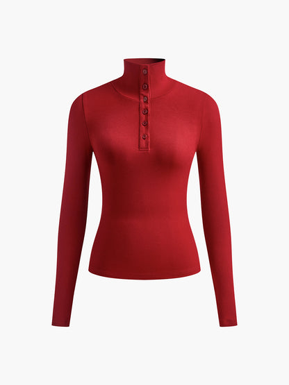 Roter Damenpullover mit Stehkragen, Langarm, Knopfleiste, elegantes Design, Baumwolle.