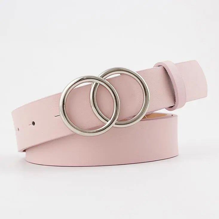 Damen Ledergürtel rosa mit silberner Doppelschnalle, modisches Accessoire.