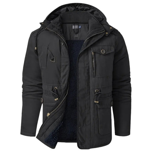 Schwarze Herren-Winterjacke mit Kapuze, Reißverschluss, Taschen, warm gefüttert.