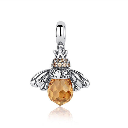 Silberner Bienenanhänger mit orangefarbenem Kristall, 925er Sterlingsilber, Damen-Schmuck.