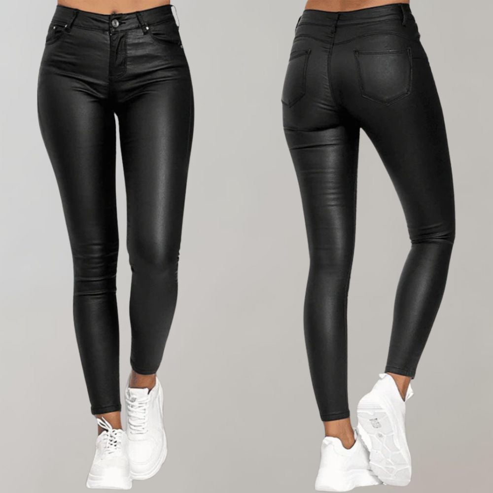 Schwarze Damen-Lederhose, eng anliegend, hohe Taille, modisch, bequem, ideal für Freizeit.