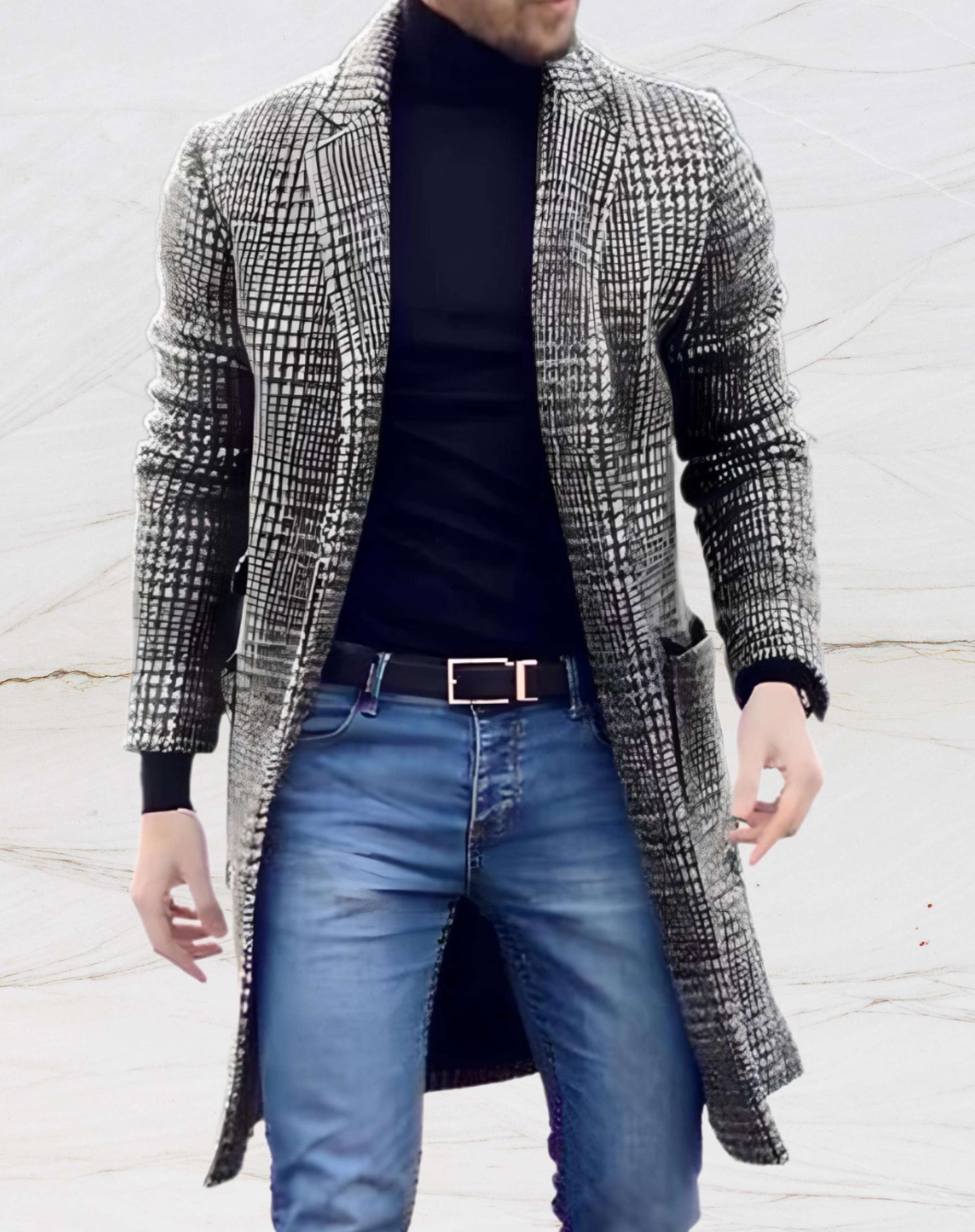 Männer Wintermantel kariert, schwarz-weiß, eleganter Stil, modisch, warm, Herrenbekleidung.