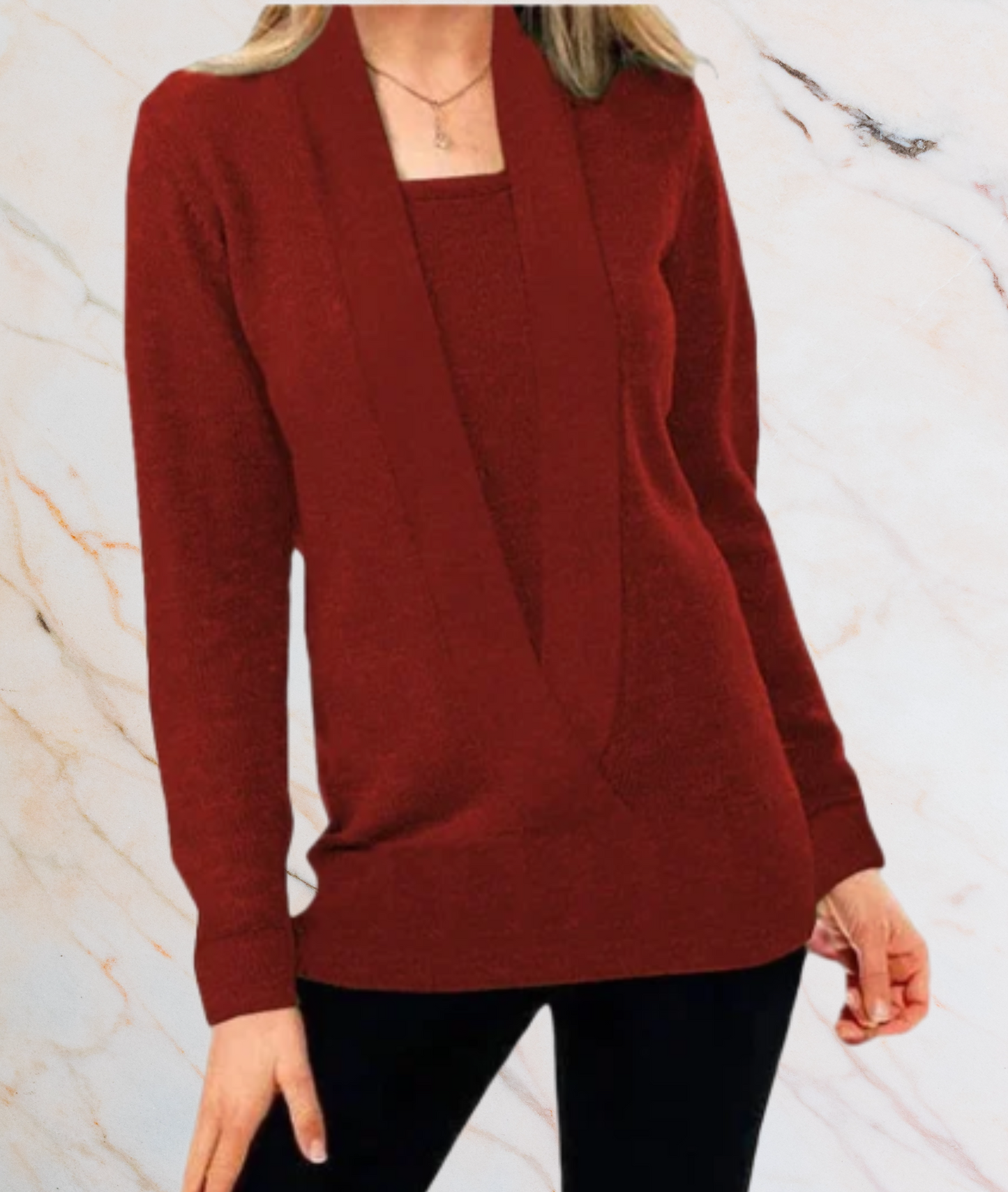 Roter Damenpullover, V-Ausschnitt, Langarm, Strick, elegant, Herbstmode, Freizeitkleidung.