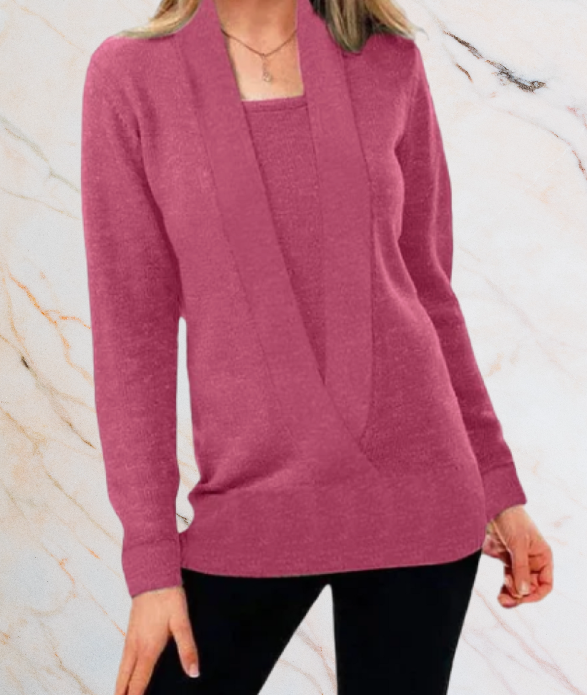 Damenpullover rosa, V-Ausschnitt, langärmelig, Strick, elegant, Freizeitmode, Herbstkleidung.