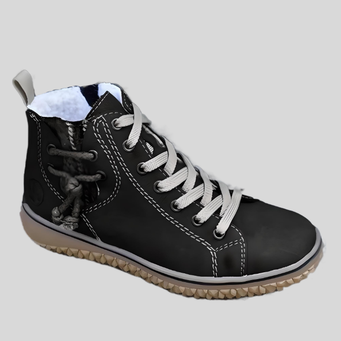Schwarzer Damen-Winterstiefel, Leder, gefüttert, rutschfeste Sohle, modisch, bequem.