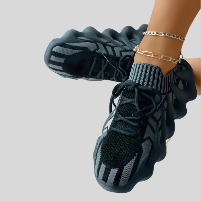 Schwarze Sneaker mit welliger Sohle, atmungsaktivem Mesh, modisch, Damen-Sportschuhe.