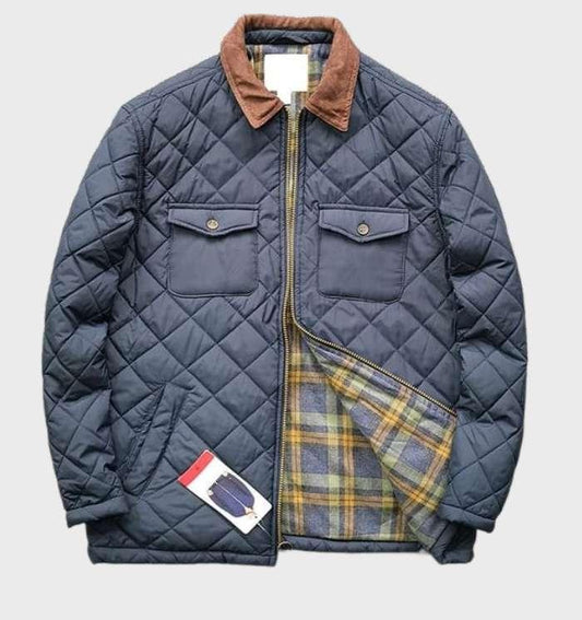 Dunkelblaue gesteppte Jacke mit braunem Kragen und kariertem Innenfutter, Herrenmode.