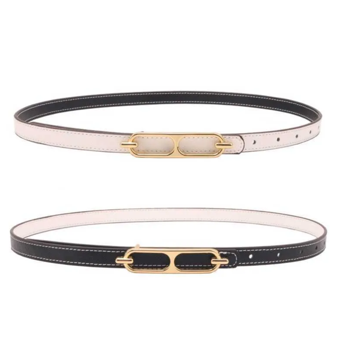 Schwarzer und weißer Ledergürtel mit goldener Schnalle, modisches Accessoire, Damenmode.