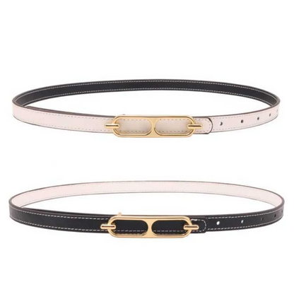 Schwarzer und weißer Ledergürtel mit goldener Schnalle, modisches Accessoire, Damenmode.