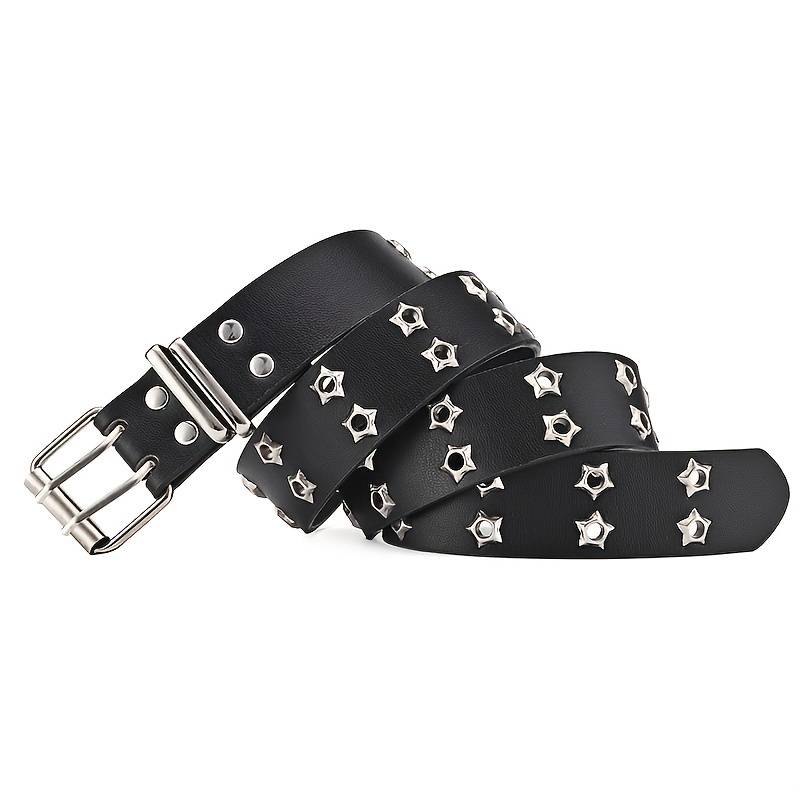 Schwarzer Ledergürtel mit silbernen Nieten, modisch, robust, Unisex-Accessoire.